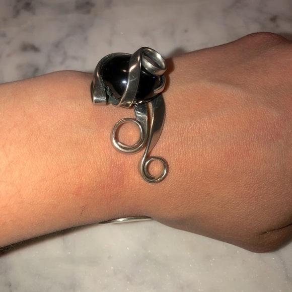 VTG Silver Plate Twisted Fork Cuff Bracelet Glass Stone Adjustable 7” Fits Loose - Picture 5 of 8